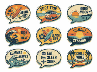 Vintage surf themed speech bubble stickers set © Hamid