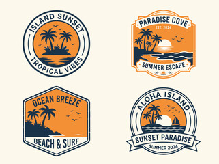 Set of tropical island sunset badges and emblems for summer vacation © Hamid