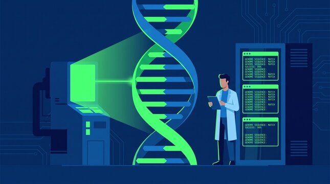 Scientist analyzing digital genome sequencing with futuristic dna helix with blending biological technological elements modern sequence matches blending