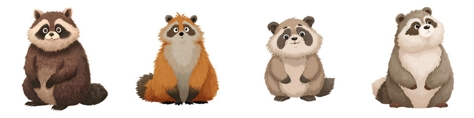 Fototapeta premium Cute Raccoon Characters Illustrations Isolated on White