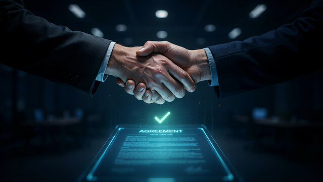 Handshake over digital agreement document business partnership and contract confirmation