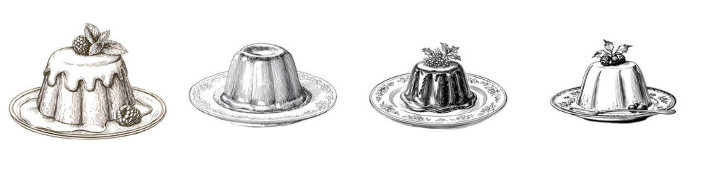 Vintage Pudding Illustrations - Retro Dessert Sketch Collection