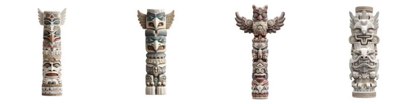Collection of Native American Totem Poles on White
