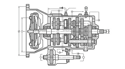 Obraz premium Minimalist Black and White Technical Cross Sectional Diagram of a Multi Piston Hydraulic Pump Mechanism