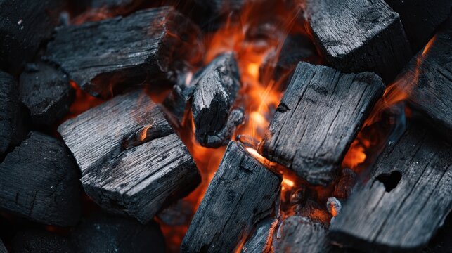 Close-up of burning charcoal chunks with glowing orange flames and smoke