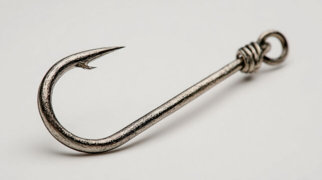 Aged silver fishing hook with barb and eye on white background