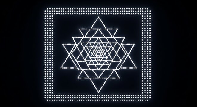Geometric star pattern on black background with grid.