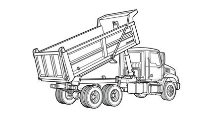 Creative Black and White Line Drawing of a Dump Truck with Open Bed and Six Wheels with high quality professional line art symbols for modern creative design and digital branding projects © Primata