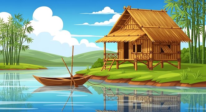 Tropical house with wooden deck and boat on waterfront.