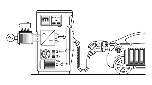 Sleek Black and White Diagram of Modern Power Supply Unit and Server Rack Connection Setup with high quality professional line art symbols for modern creative design and digital branding projects