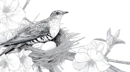Fototapeta premium Detailed Illustration of Bird Nest with Eggs and Blossoming Flowers
