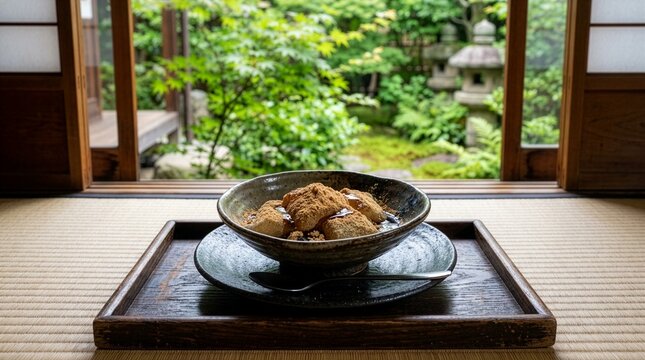 Traditional Japanese Warabi Mochi with Kinako and Kuromitsu in Authentic Tea Room