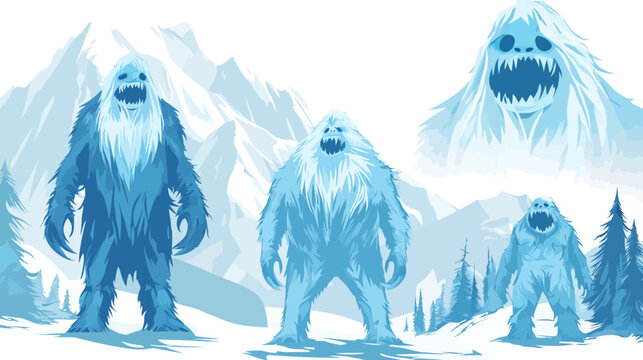 Illustration features several large, furry, blue creatures in a snowy mountain landscape