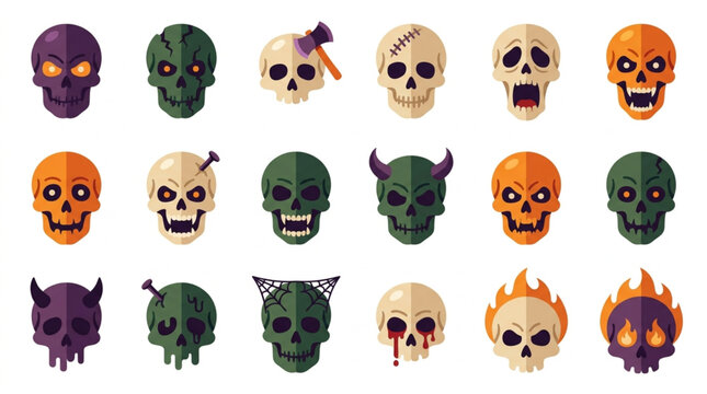 Collection of Spooky and Scary Halloween Skulls with Various Expressions and Designs.
