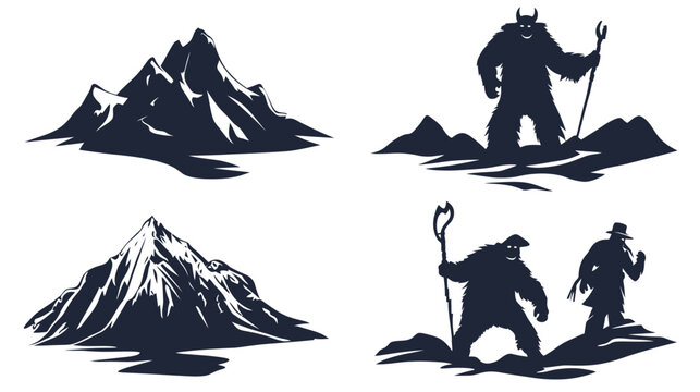 Silhouettes of mountains and cryptids, including a horned beast and a bigfoot with a staff, hiking
