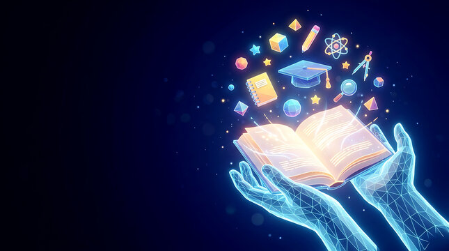 E-learning and digital education background with wireframe human hands holding a glowing open book and floating school icons for online school or university concept