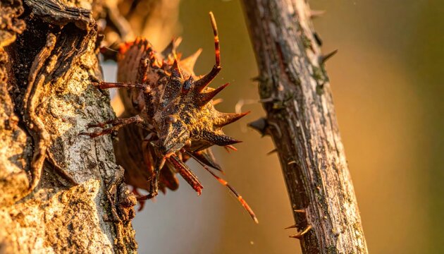 Striking Spiky Thorn Bug Insect Detailed Macro Focus on Thorny Branch