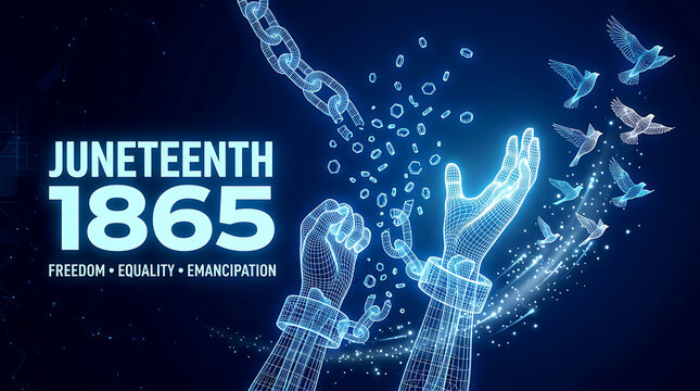 Juneteenth 1865 Emancipation Day background with wireframe human hands breaking chains and flying birds for freedom and equality concept