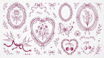 Obraz premium Elegant Vintage Rococo Decorative Elements Set. Ornate frames, floral illustrations, butterflies, swallows, bows, and ribbons. Vector design.