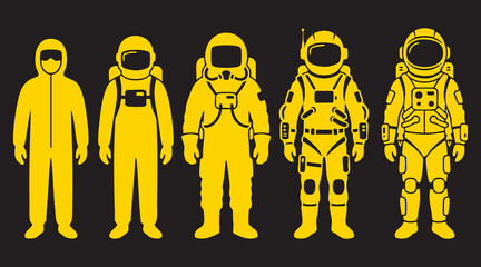 Yellow vector illustration showing the historical evolution of space suits worn by brave human astronauts © Duel