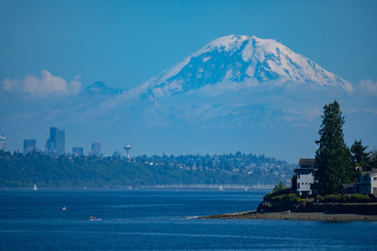 Mount Rainier Over Seattle From Puget Sound on a Sunny Day