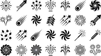 Collection of festive fireworks and celebration icons representing rockets starbursts comets pinwheels sparklers and falling leaves for holidays and special events © Kumot Roy