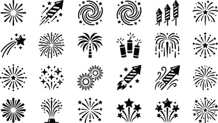 Collection of graphic icons representing various types of fireworks explosions and rockets ready for celebration events © Kumot Roy