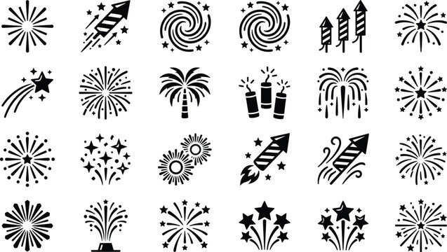 Collection of graphic icons representing various types of fireworks explosions and rockets ready for celebration events