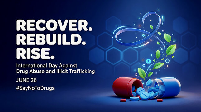 International Day Against Drug Abuse and Illicit Trafficking June   banner with open capsule spilling blue pills and floating ribbon loop with green leaves for say no to drugs concept