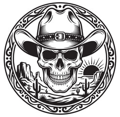 Fototapeta premium Cowboy skull wearing hat in desert landscape circular illustration