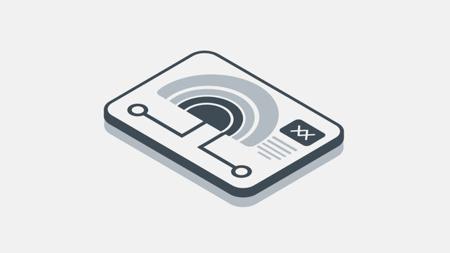Isometric illustration of a futuristic device with glowing concentric circles and circuit lines, representing technology, data, or innovation