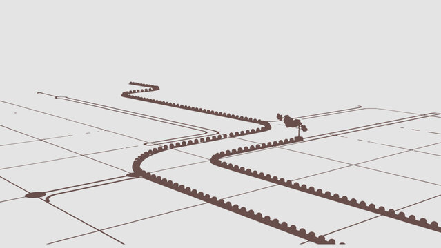 Abstract 3D rendering of a dynamic textured path winding across a grid, symbolizing data flow, network connections, strategic routes, and digital progress.