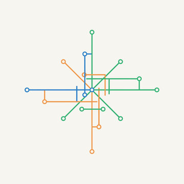 Geometric abstract network map with colorful lines and nodes, symbolizing connectivity, data flow, or urban transit routes in a modern style.