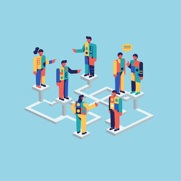 Vibrant isometric illustration depicting diverse individuals communicating and collaborating on a connected network, representing teamwork, leadership, and social interaction.