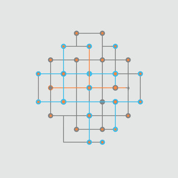 Abstract network diagram featuring interconnected colored dots and lines, symbolizing data flow, technology, and complex system connections.