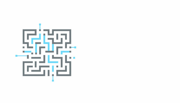Abstract digital maze pattern with interconnected lines and nodes representing complex problem-solving, data flow, and technological innovation on a white background.