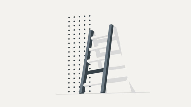 Minimalist dark grey ladder with white rungs leaning against a clean, light wall with subtle dotted pattern, symbolizing progress, growth, and aspiration.
