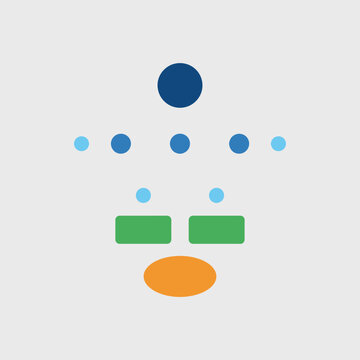 Abstract geometric design featuring colorful circles, rectangles, and an oval, symbolizing data, network, connection, or a simplified human figure. Modern minimalist illustration.