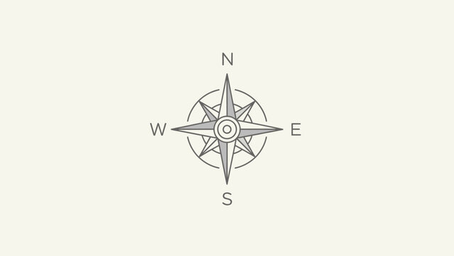 Clean minimalist line art compass rose illustration with cardinal points N, S, E, W, representing guidance, travel, exploration, and adventure.
