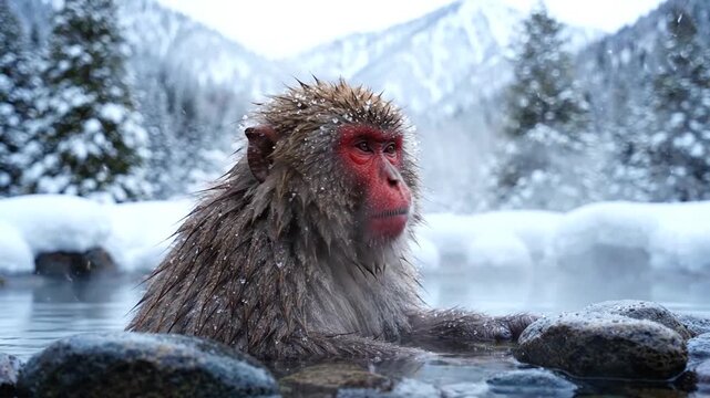 Japanese Macaque Relaxing in Snowy Hot Spring