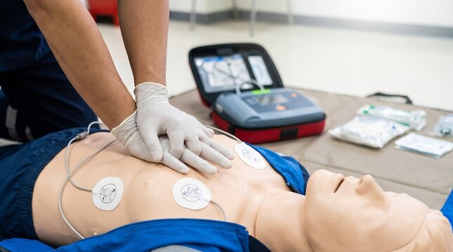 Rescuer performing chest compressions on an adult CPR training mannequin with AED electrode pads and a defibrillator during emergency response instruction.