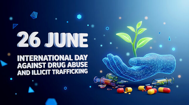International Day Against Drug Abuse and Illicit Trafficking   background with wireframe human hand protecting green plant sprout above broken syringes and pills for healthy life concept