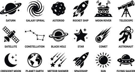 Collection of black glyph icons depicting space exploration planets and celestial bodies with black hole astronomy universe astronaut asteroid telescope satellite constellation spaceship © iconic 