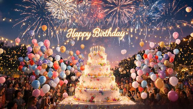 Large tiered birthday cake bright balloons colorful fireworks night sky happy crowd.