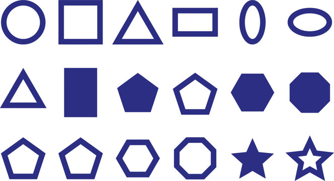 Educational set of blue geometric shapes and symbols with two dimensional geometric geometry triangle rectangle pentagon education collection elements abstract template learning