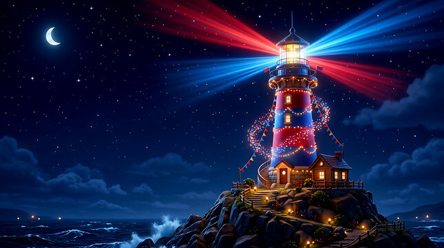 Lighthouse with red and blue neon light beams at night sky background with crescent moon and stars for fourth of july patriotic celebration concept