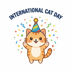 Naklejka premium Cute cartoon ginger cat wearing a party hat celebrating International Cat Day with colorful confetti.