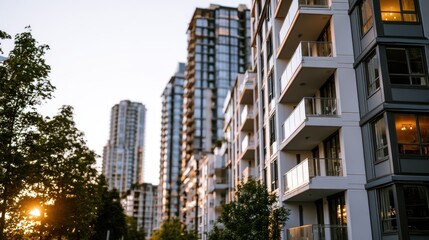 Fototapeta premium Urban apartment towers under golden sunset sky.