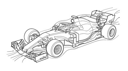 Obraz premium Clean Line Drawing of a Racing Car with Exploded View of Front Suspension and Bumper Components