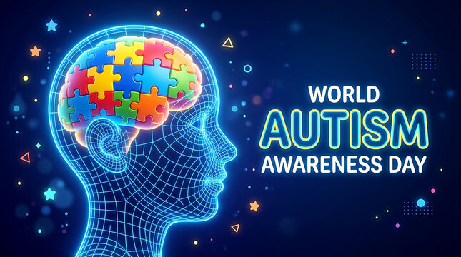 World Autism Awareness Day Typography, Human Head Wireframe with Colorful Puzzle Piece Brain Illustration